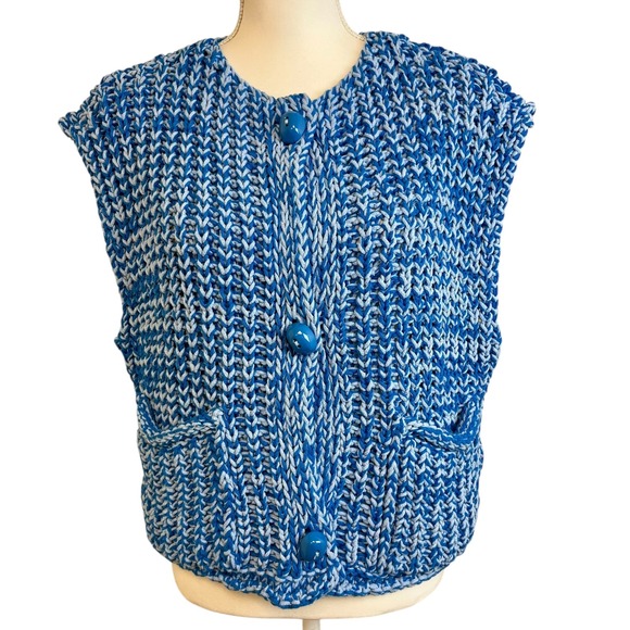 Zara Jackets & Blazers - ZARA Blue White Chunky Knit Sweater Vest Cardigan Button Front Pockets Sz L